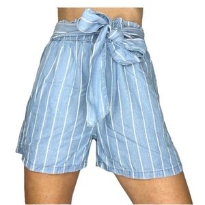 Dynamite 100% tencel blue white stripe paper bag waist shorts S